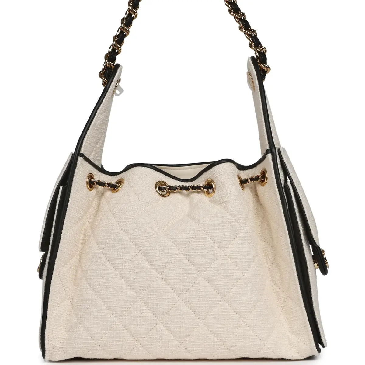 Chanel Chanel Small 25 Hobo Bag Ecru Canvas and Black Calfskin Gold Hardware | Thumbnail 4 Chanel Chanel Small 25 Hobo Bag Ecru Canvas and Black Calfskin Gold Hardware | Thumbnail 4