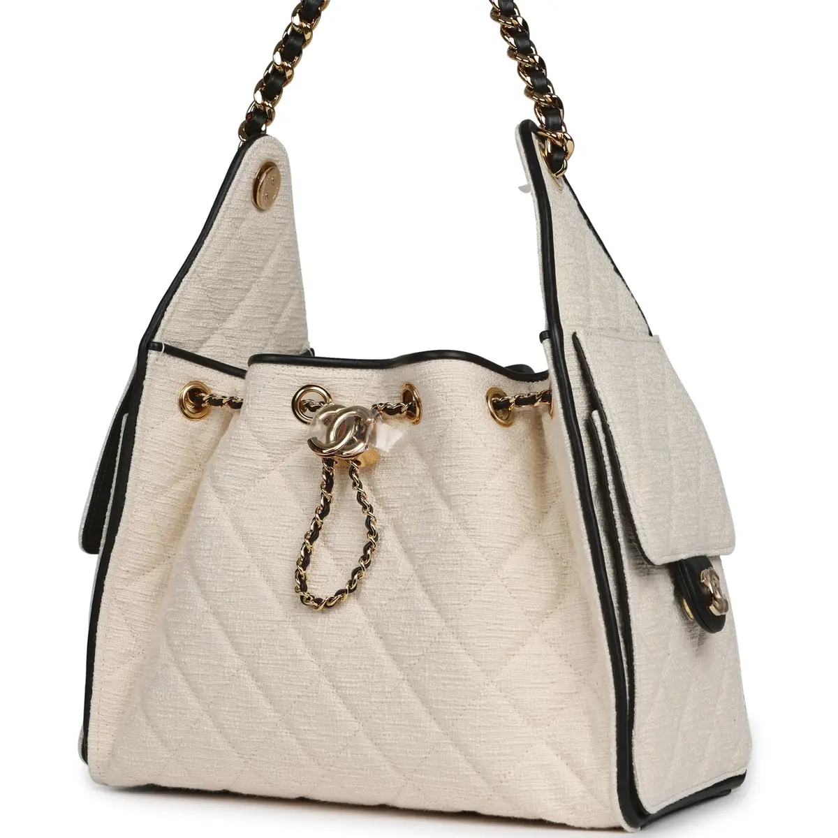 Chanel Chanel Small 25 Hobo Bag Ecru Canvas and Black Calfskin Gold Hardware | Thumbnail 5 Chanel Chanel Small 25 Hobo Bag Ecru Canvas and Black Calfskin Gold Hardware | Thumbnail 5