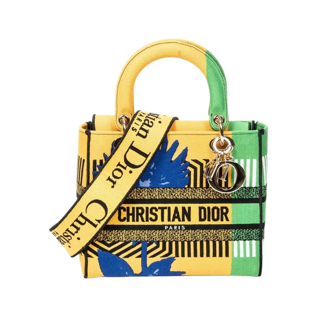 Dior Dior Lady D-Lite Yellow & Green Embroidered Canvas Medium Bag by The Solist | Image 1 Dior Dior Lady D-Lite Yellow & Green Embroidered Canvas Medium Bag by The Solist | Image 1