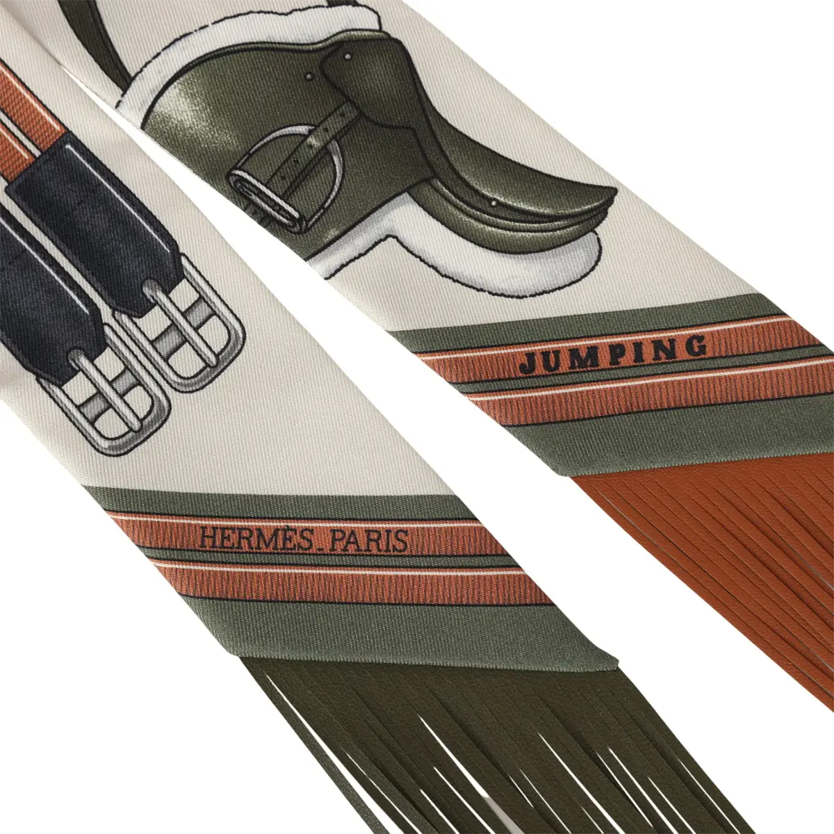 HERMÈS Hermes "Jumping Leather" Crème, Kaki and Beige Dore Fringe Silk | Thumbnail 3 HERMÈS Hermes "Jumping Leather" Crème, Kaki and Beige Dore Fringe Silk | Thumbnail 3