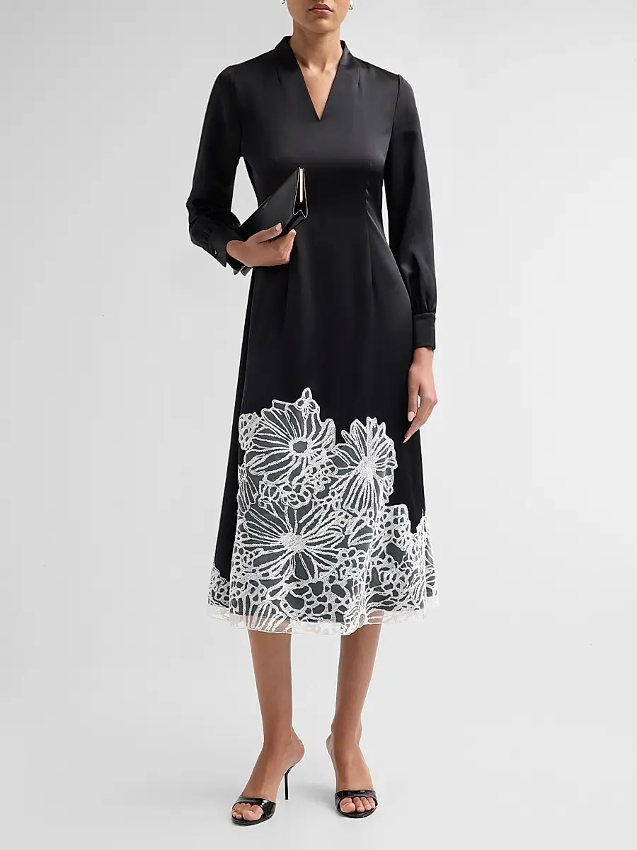 Misook Women's Lace-Appliqué Crepe De Chine Midi Dress | Thumbnail 2 Misook Women's Lace-Appliqué Crepe De Chine Midi Dress | Thumbnail 2