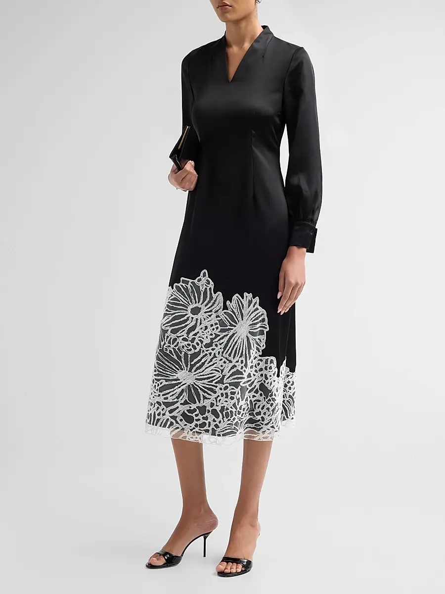 Misook Women's Lace-Appliqué Crepe De Chine Midi Dress | Thumbnail 4 Misook Women's Lace-Appliqué Crepe De Chine Midi Dress | Thumbnail 4