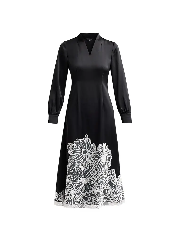 Misook Women's Lace-Appliqué Crepe De Chine Midi Dress - Black White | Image 1 Misook Women's Lace-Appliqué Crepe De Chine Midi Dress - Black White | Image 1