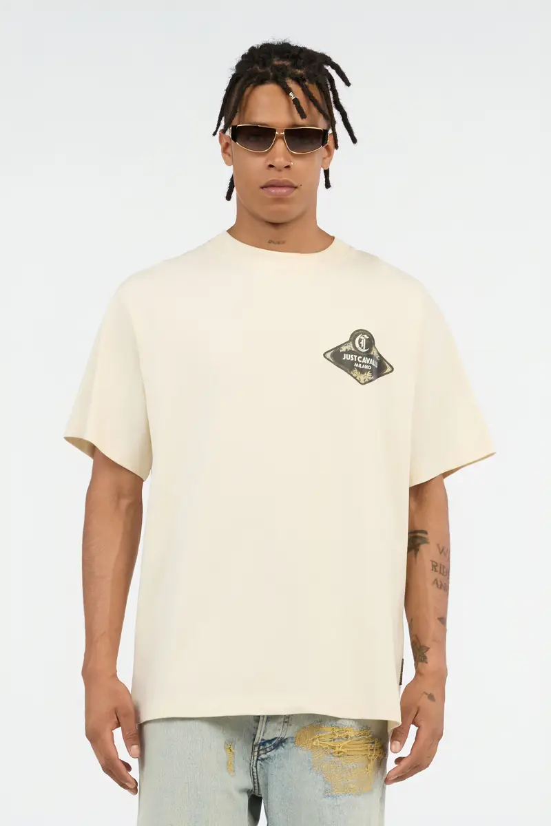 Roberto Cavalli Cream Logo Print T-Shirt | Thumbnail 2 Roberto Cavalli Cream Logo Print T-Shirt | Thumbnail 2