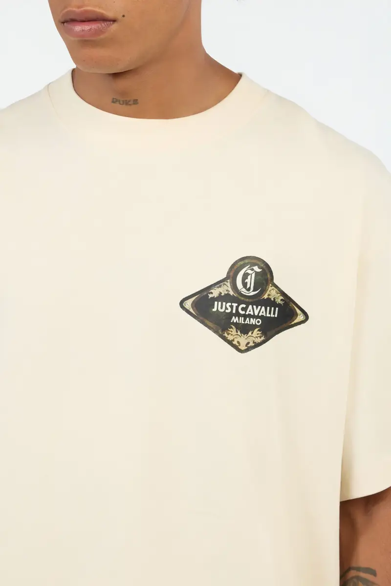 Roberto Cavalli Cream Logo Print T-Shirt | Thumbnail 4 Roberto Cavalli Cream Logo Print T-Shirt | Thumbnail 4