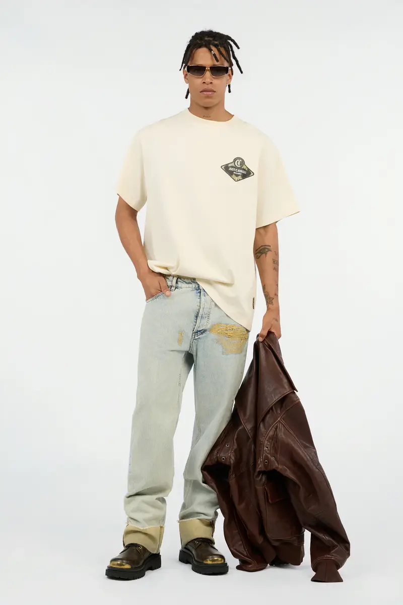 Roberto Cavalli Cream Logo Print T-Shirt | Thumbnail 6 Roberto Cavalli Cream Logo Print T-Shirt | Thumbnail 6