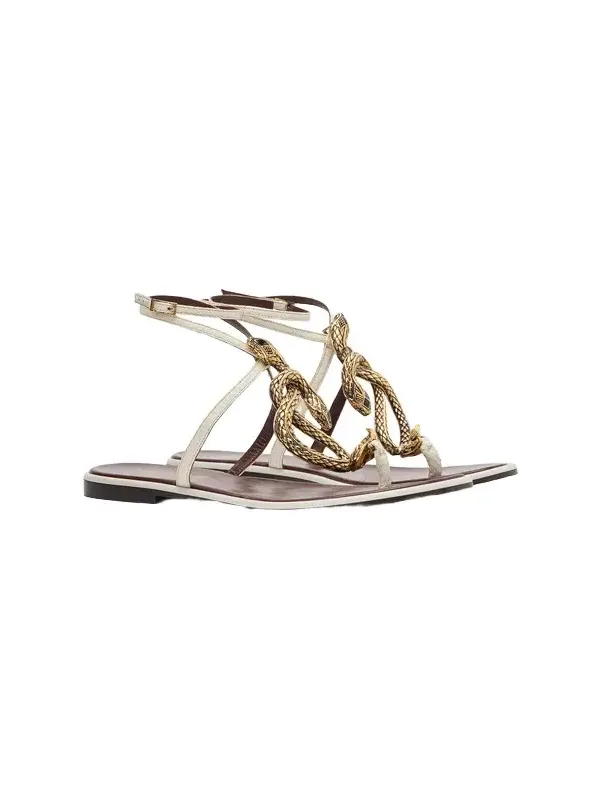 Brown and White Flat Thong Sandals with Snake Motif Brown and White Flat Thong Sandals with Snake Motif
