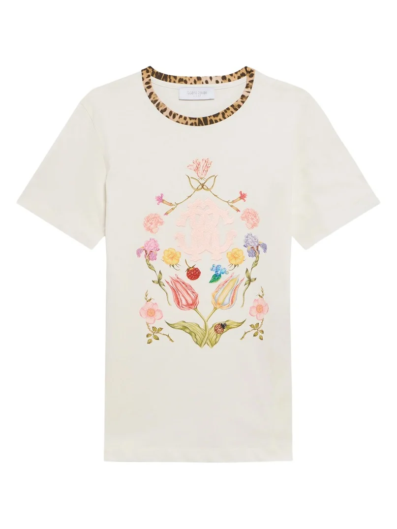 Roberto Cavalli T-Shirt With Floral Print And Monogram RC