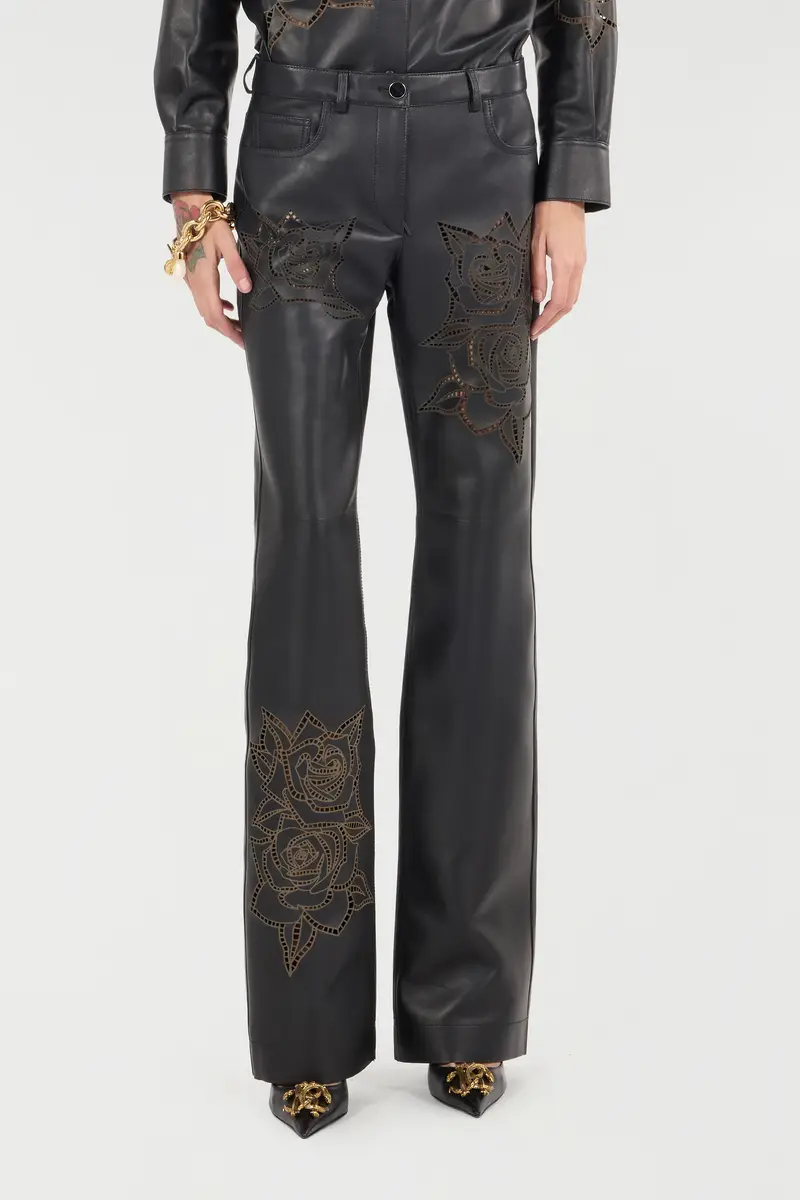 Roberto Cavalli Leather Pants With Perforated Roses | Thumbnail 2