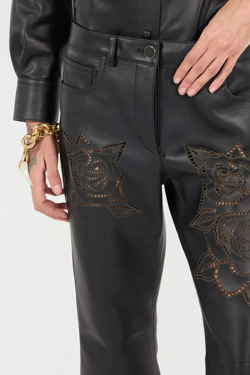 Roberto Cavalli Leather Pants With Perforated Roses | Thumbnail 5