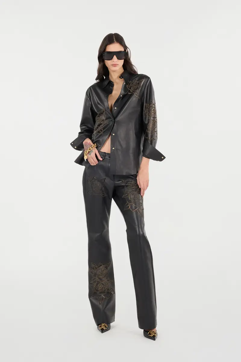 Roberto Cavalli Leather Pants With Perforated Roses | Thumbnail 7