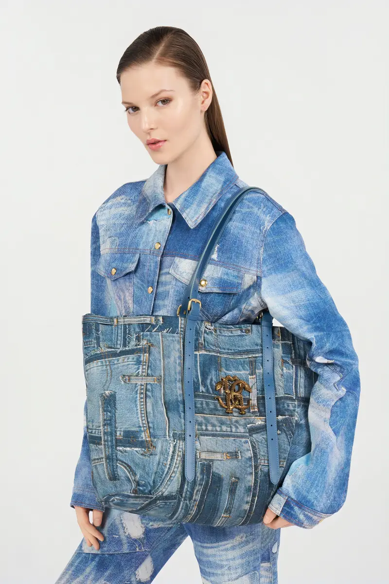 Roberto Cavalli Denim Patchwork Print Shopping Bag | Thumbnail 2 Roberto Cavalli Denim Patchwork Print Shopping Bag | Thumbnail 2