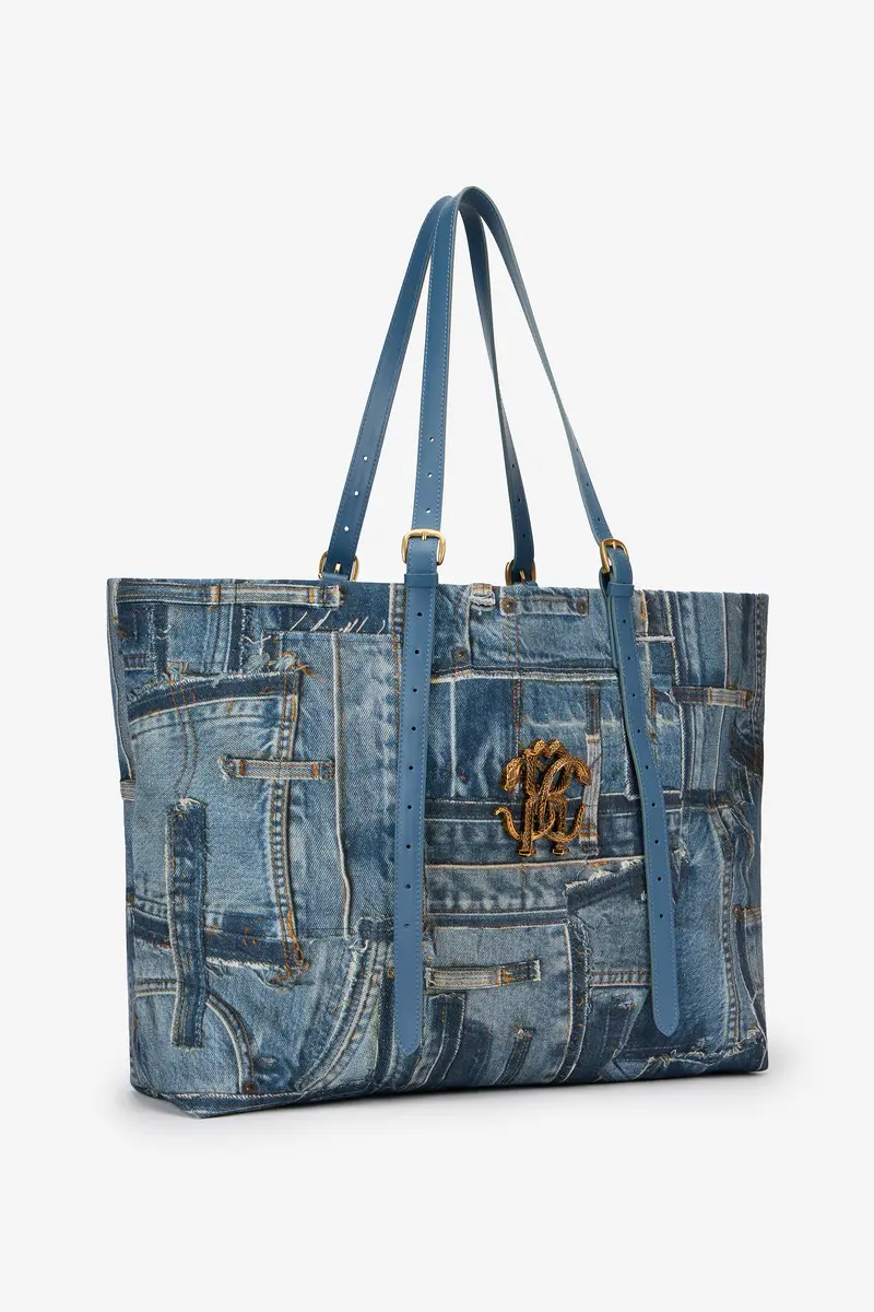 Roberto Cavalli Denim Patchwork Print Shopping Bag | Thumbnail 4 Roberto Cavalli Denim Patchwork Print Shopping Bag | Thumbnail 4