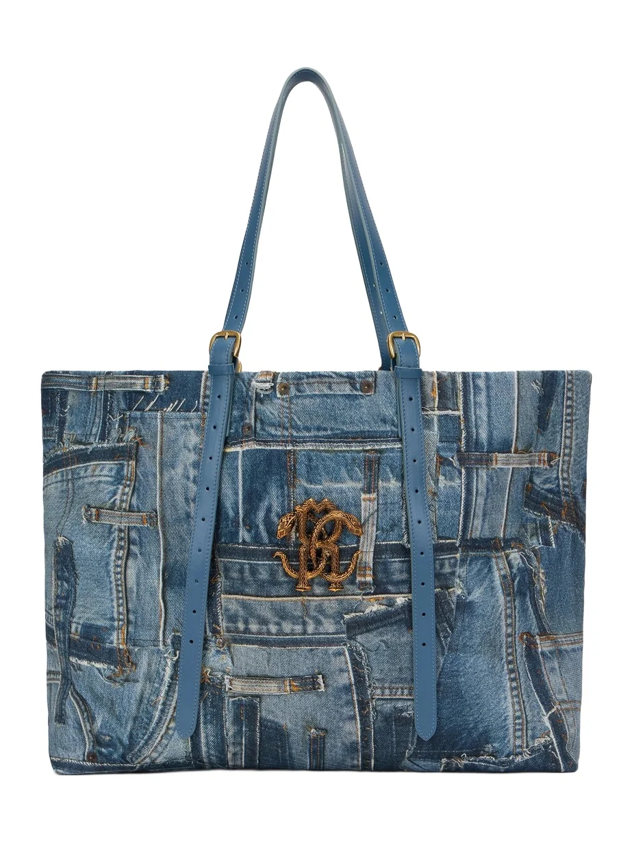 Roberto Cavalli Denim Patchwork Print Shopping Bag