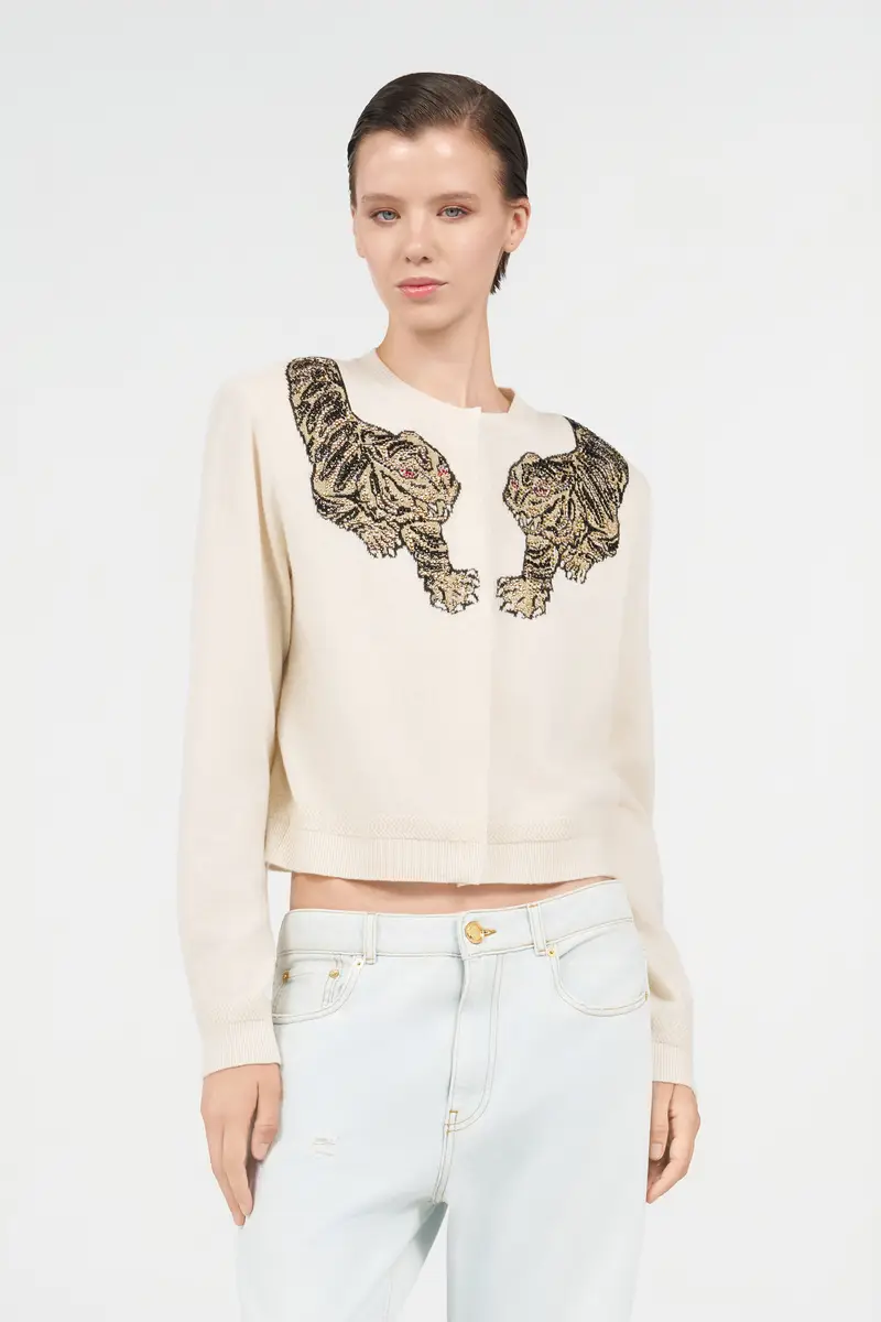 Roberto Cavalli Wool Cardigan with Tiger Embroidery | Thumbnail 2