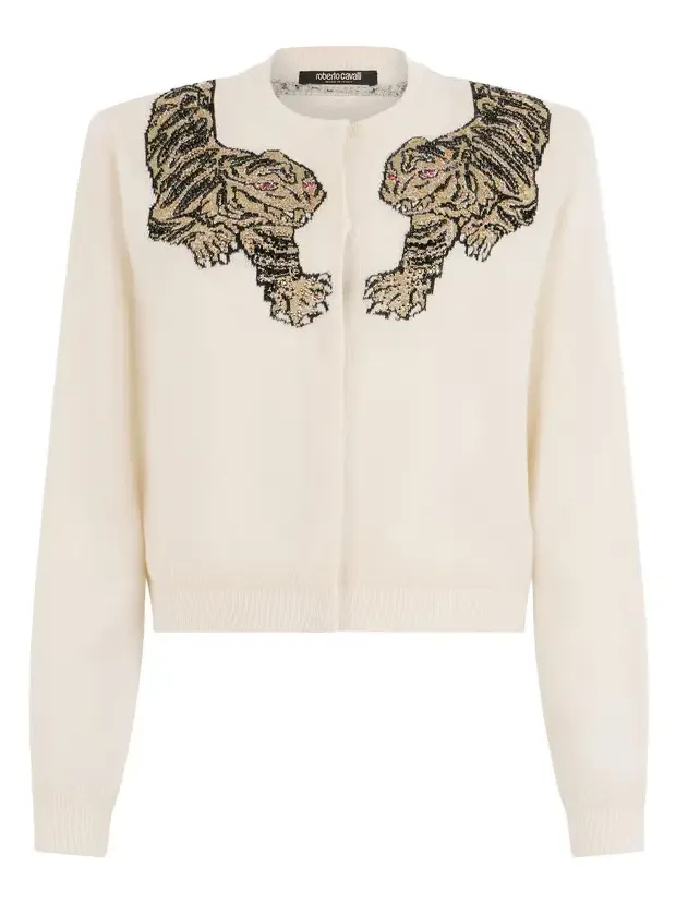 Wool Cardigan with Tiger Embroidery