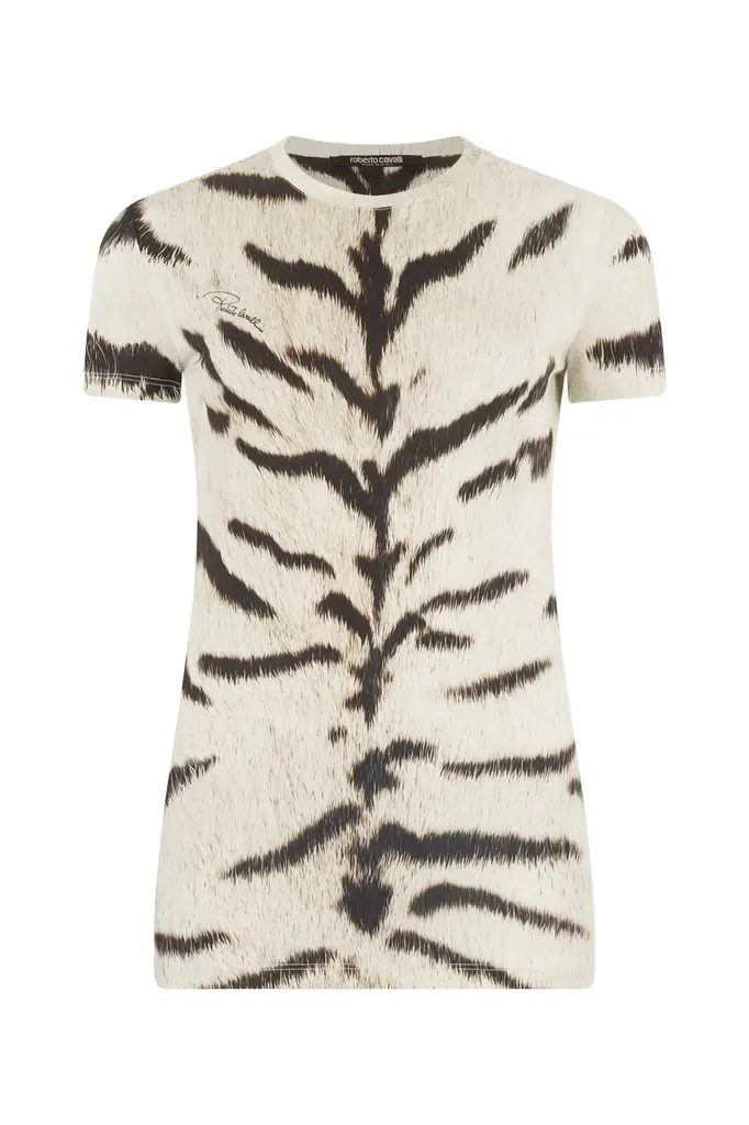 Roberto Cavalli Woman T-Shirt With White Tigresse OGAT X Roberto Cavalli Print | Image 1 Roberto Cavalli Woman T-Shirt With White Tigresse OGAT X Roberto Cavalli Print | Image 1
