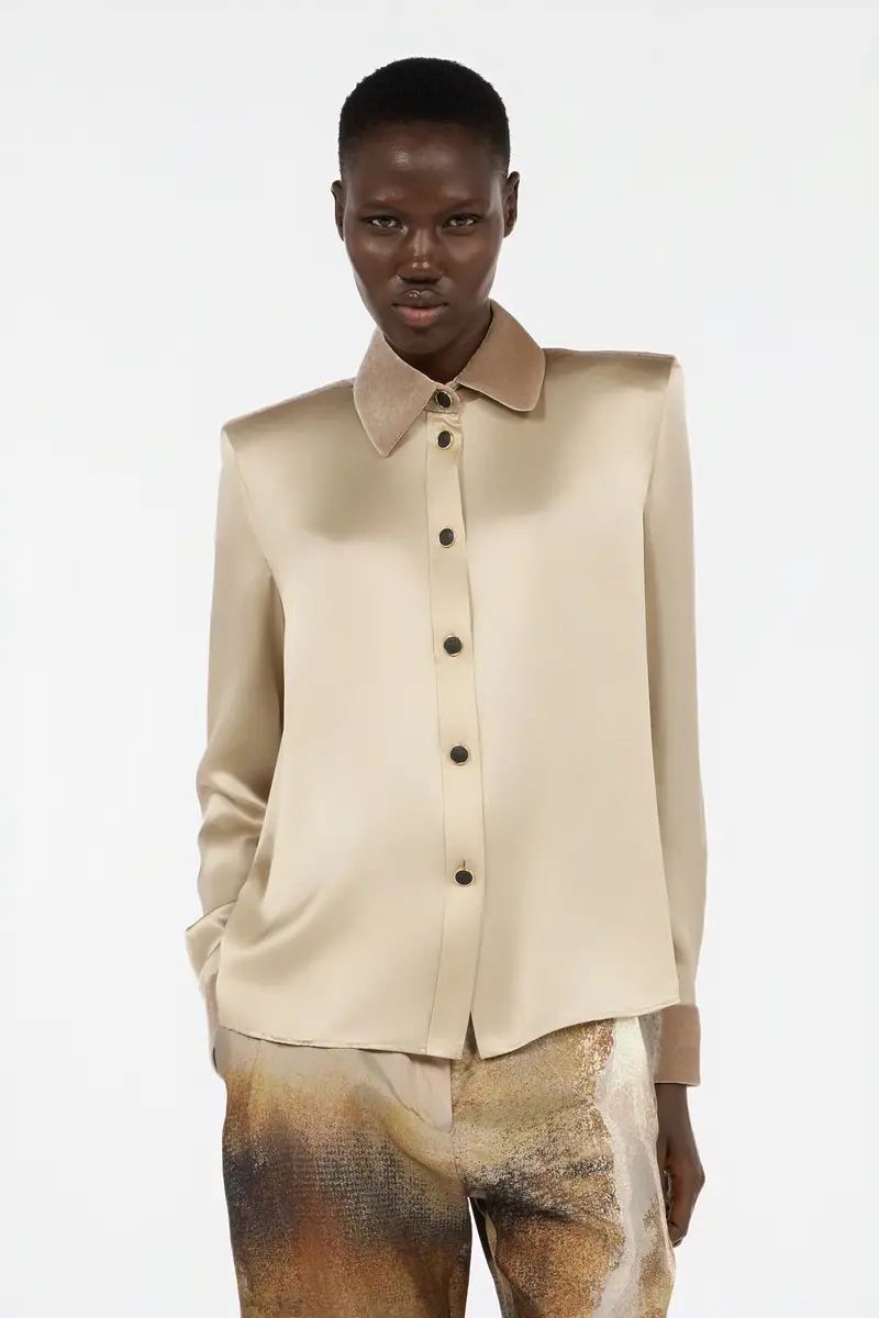 Roberto Cavalli Beige Silk Shirt With Velvet Inserts | Thumbnail 2 Roberto Cavalli Beige Silk Shirt With Velvet Inserts | Thumbnail 2