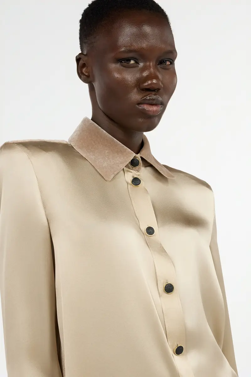 Roberto Cavalli Beige Silk Shirt With Velvet Inserts | Thumbnail 4 Roberto Cavalli Beige Silk Shirt With Velvet Inserts | Thumbnail 4