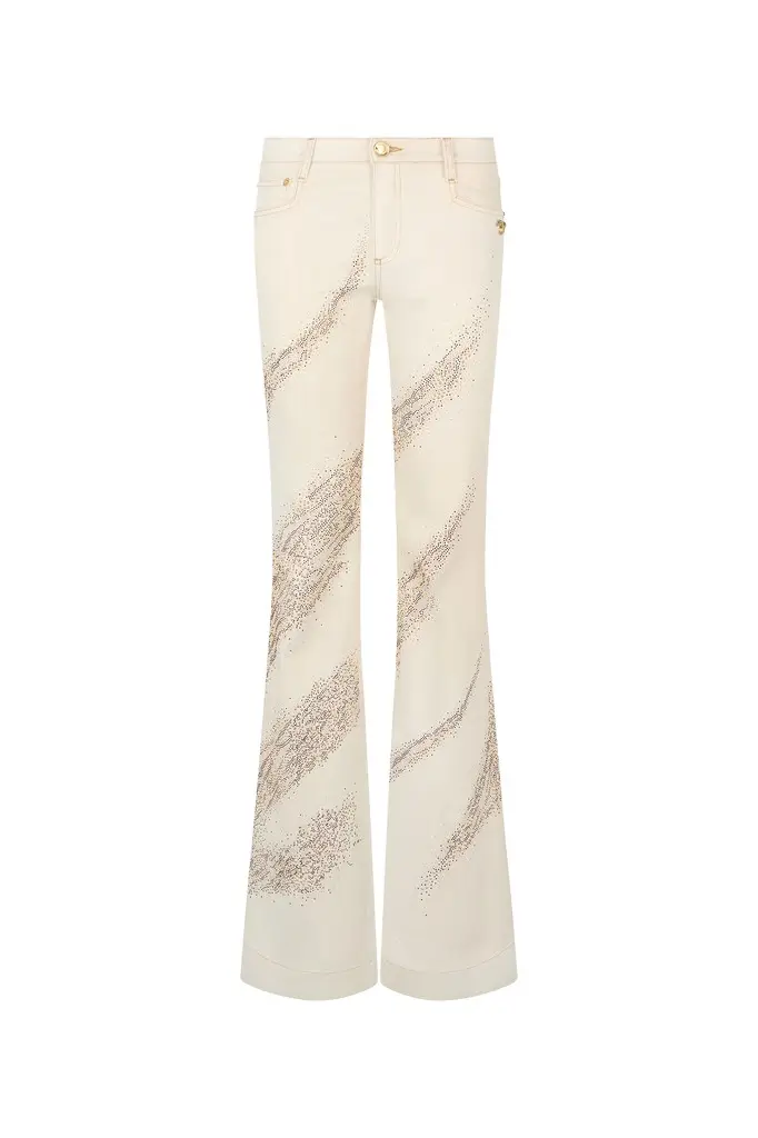 Roberto Cavalli Ivory flared jeans with gold animal-print detailing | Image 1 Roberto Cavalli Ivory flared jeans with gold animal-print detailing | Image 1
