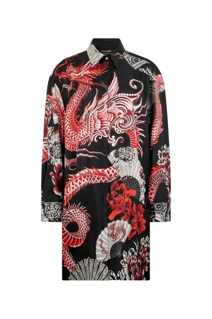 Short dress black with red and white dragon print