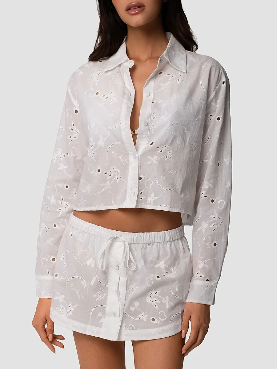 Kiki de Montparnasse Women's Simone Eyelet Linen-Cotton Crop Shirt | Thumbnail 2 Kiki de Montparnasse Women's Simone Eyelet Linen-Cotton Crop Shirt | Thumbnail 2