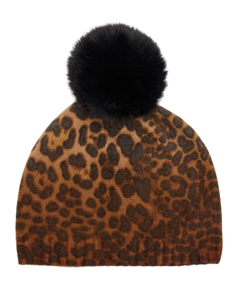 Sofia Cashmere Leopard Print Cashmere & Faux Fur Pom Beanie | Image 1 Sofia Cashmere Leopard Print Cashmere & Faux Fur Pom Beanie | Image 1
