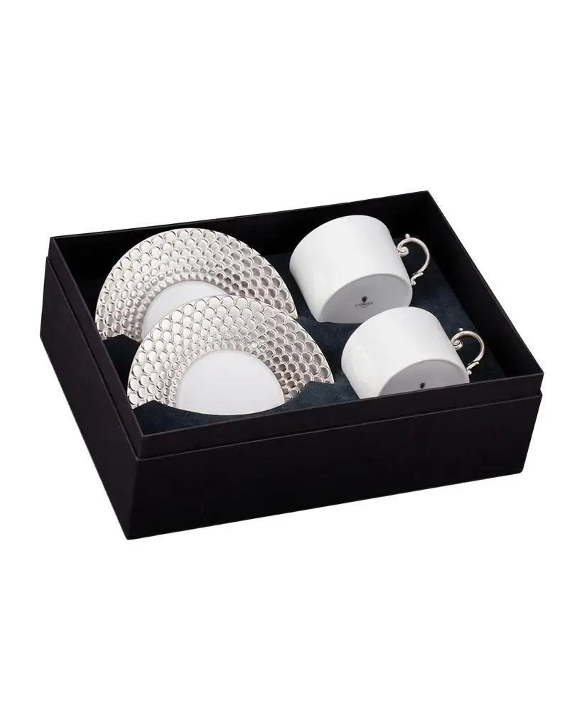 L'Objet Aegean Platinum-Trim Tea Cup & Saucers, Set of 2