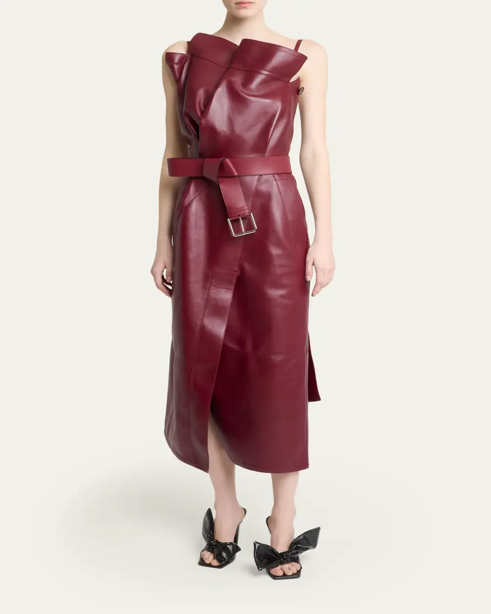Givenchy Asymmetric Ruffle Leather Midi Dress | Thumbnail 2