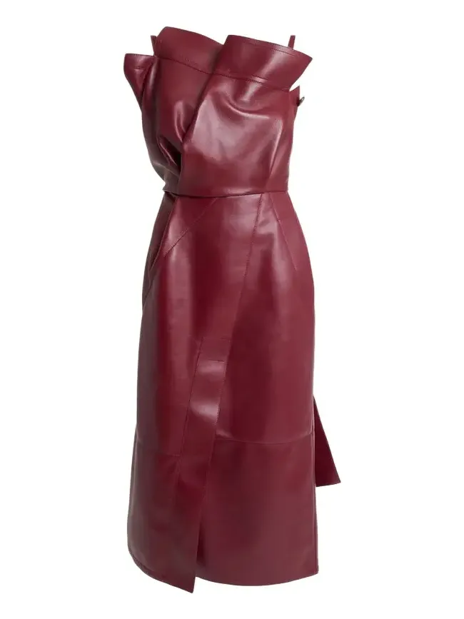 Asymmetric Ruffle Leather Midi Dress