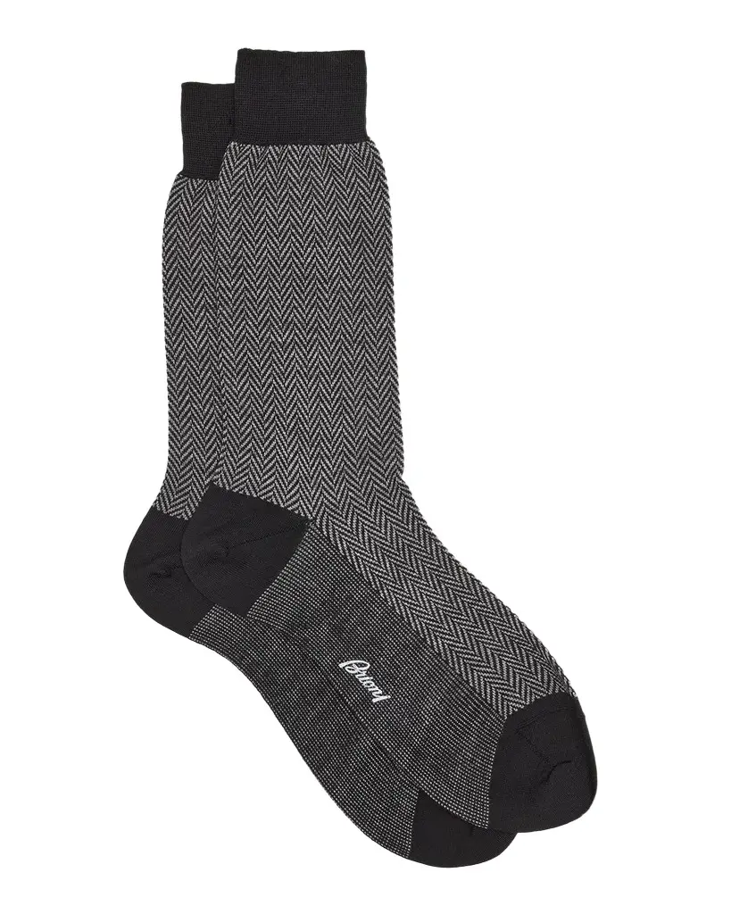 Brioni Men's Wool Herringbone Jacquard Mid-Calf Socks