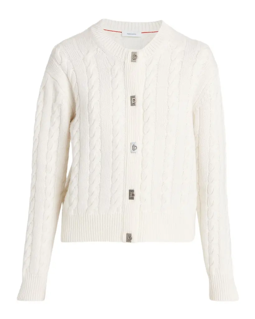 FERRAGAMO Wool-Cashmere Cable Knit Gancio Cardigan | Image 1 FERRAGAMO Wool-Cashmere Cable Knit Gancio Cardigan | Image 1
