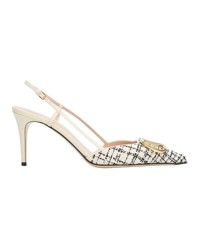 Valentino Garavani 80mm VLogo Signature Tweed Slingback Pumps | Image 1 Valentino Garavani 80mm VLogo Signature Tweed Slingback Pumps | Image 1