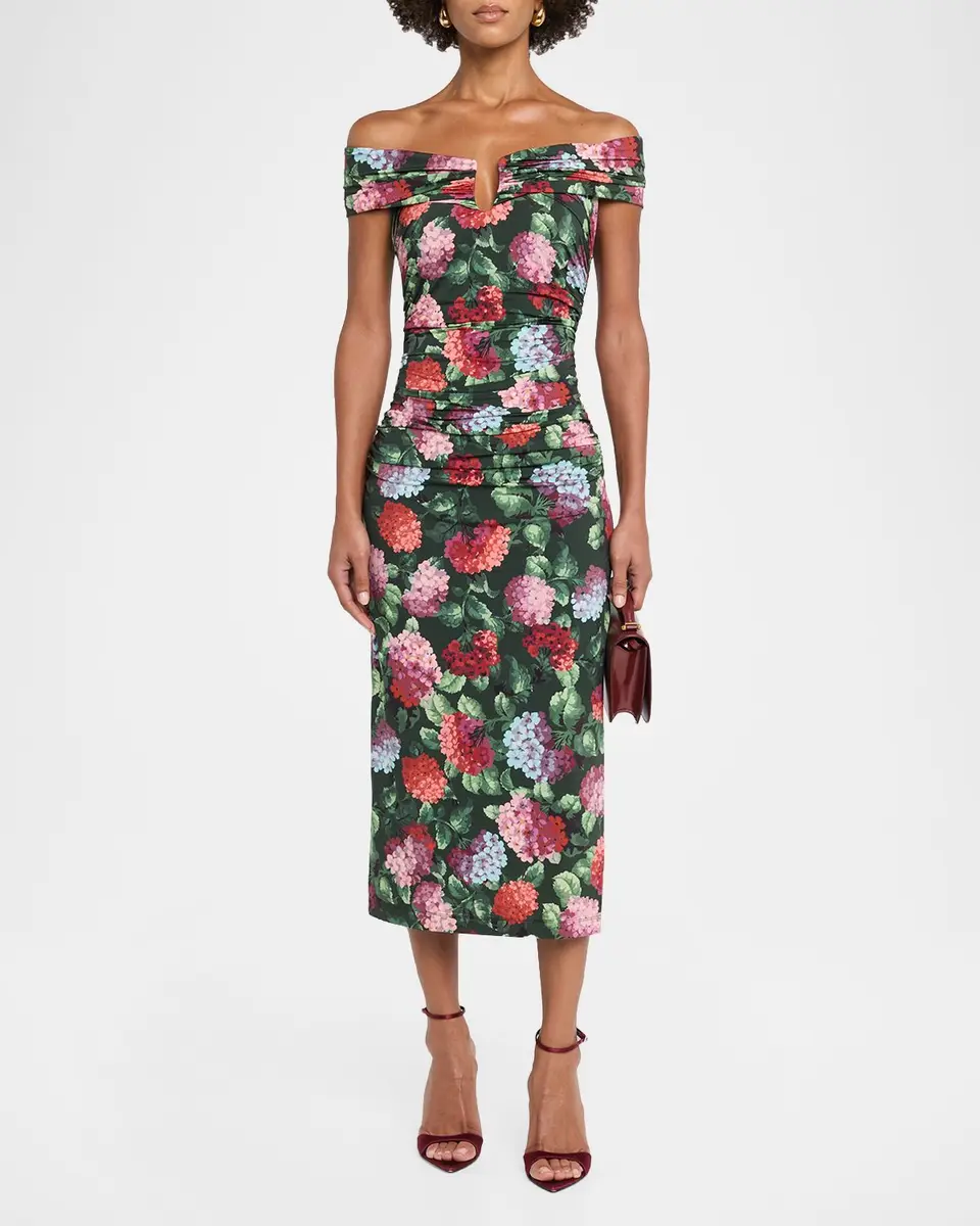 Carolina Herrera Off-The-Shoulder Hydrangea Print Ruched Jersey Midi Dress | Thumbnail 2 Carolina Herrera Off-The-Shoulder Hydrangea Print Ruched Jersey Midi Dress | Thumbnail 2