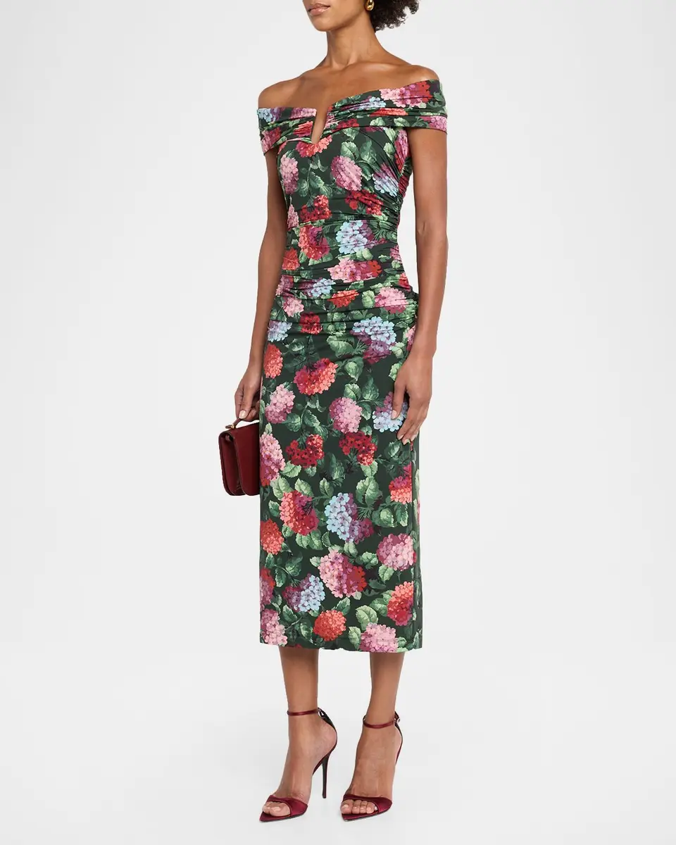 Carolina Herrera Off-The-Shoulder Hydrangea Print Ruched Jersey Midi Dress | Thumbnail 4 Carolina Herrera Off-The-Shoulder Hydrangea Print Ruched Jersey Midi Dress | Thumbnail 4