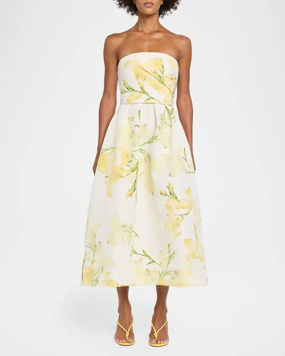 MONIQUE LHUILLIER Strapless Snapdragon Print Silk Faille Midi Dress | Thumbnail 2