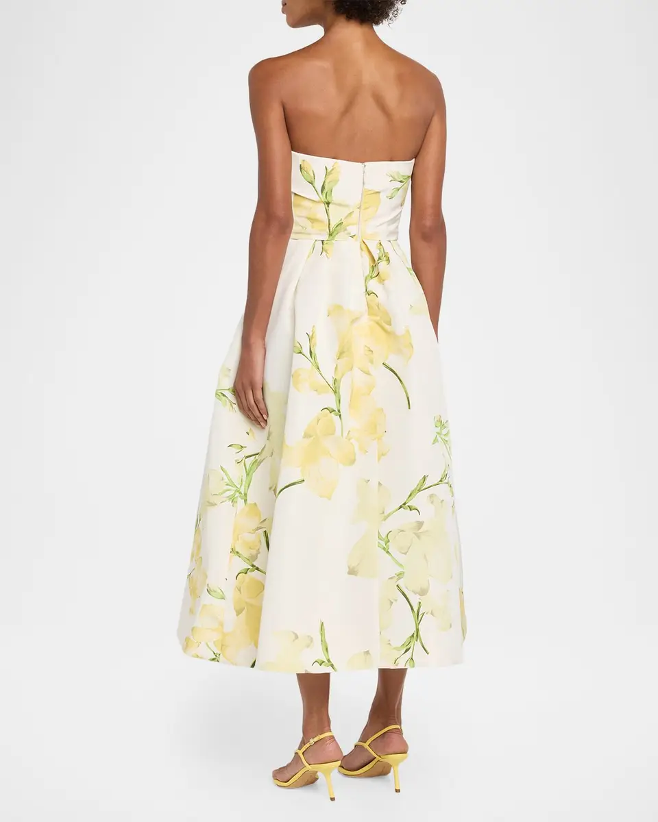 MONIQUE LHUILLIER Strapless Snapdragon Print Silk Faille Midi Dress | Thumbnail 3