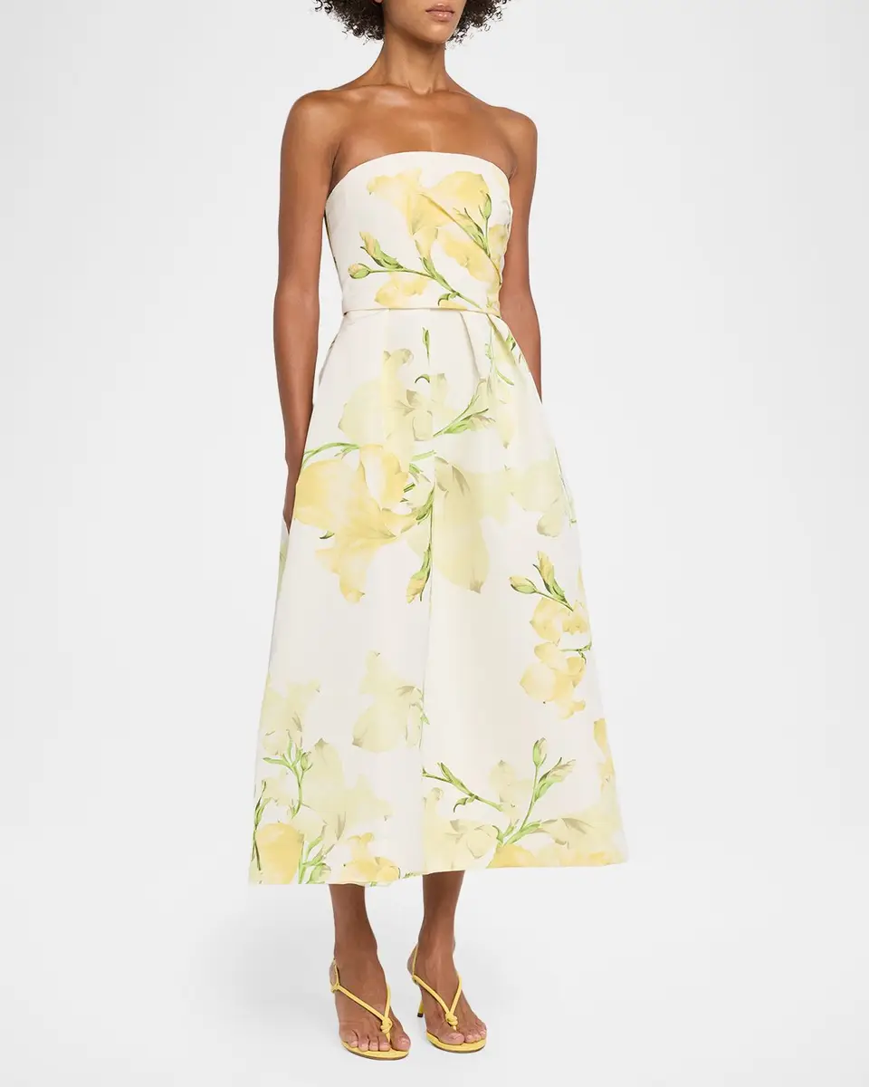 MONIQUE LHUILLIER Strapless Snapdragon Print Silk Faille Midi Dress | Thumbnail 4