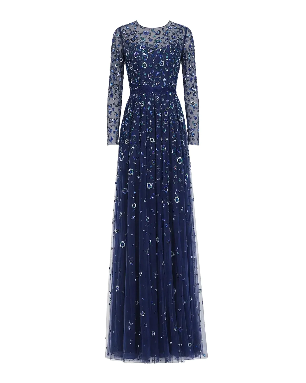 Mac Duggal Petite Beaded Floral Sequin Mesh Gown