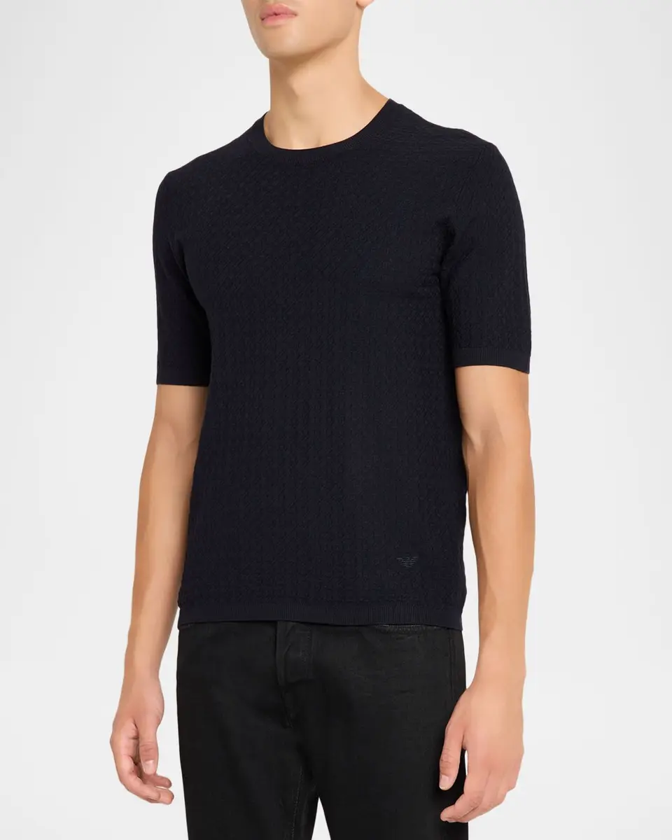 Emporio Armani Men's Textured Micro-Geometric Short-Sleeve Sweater | Thumbnail 4 Emporio Armani Men's Textured Micro-Geometric Short-Sleeve Sweater | Thumbnail 4