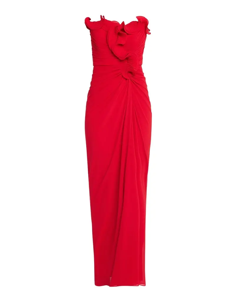 Badgley Mischka Pleated Ruffled Chiffon Column Gown | Image 1 Badgley Mischka Pleated Ruffled Chiffon Column Gown | Image 1