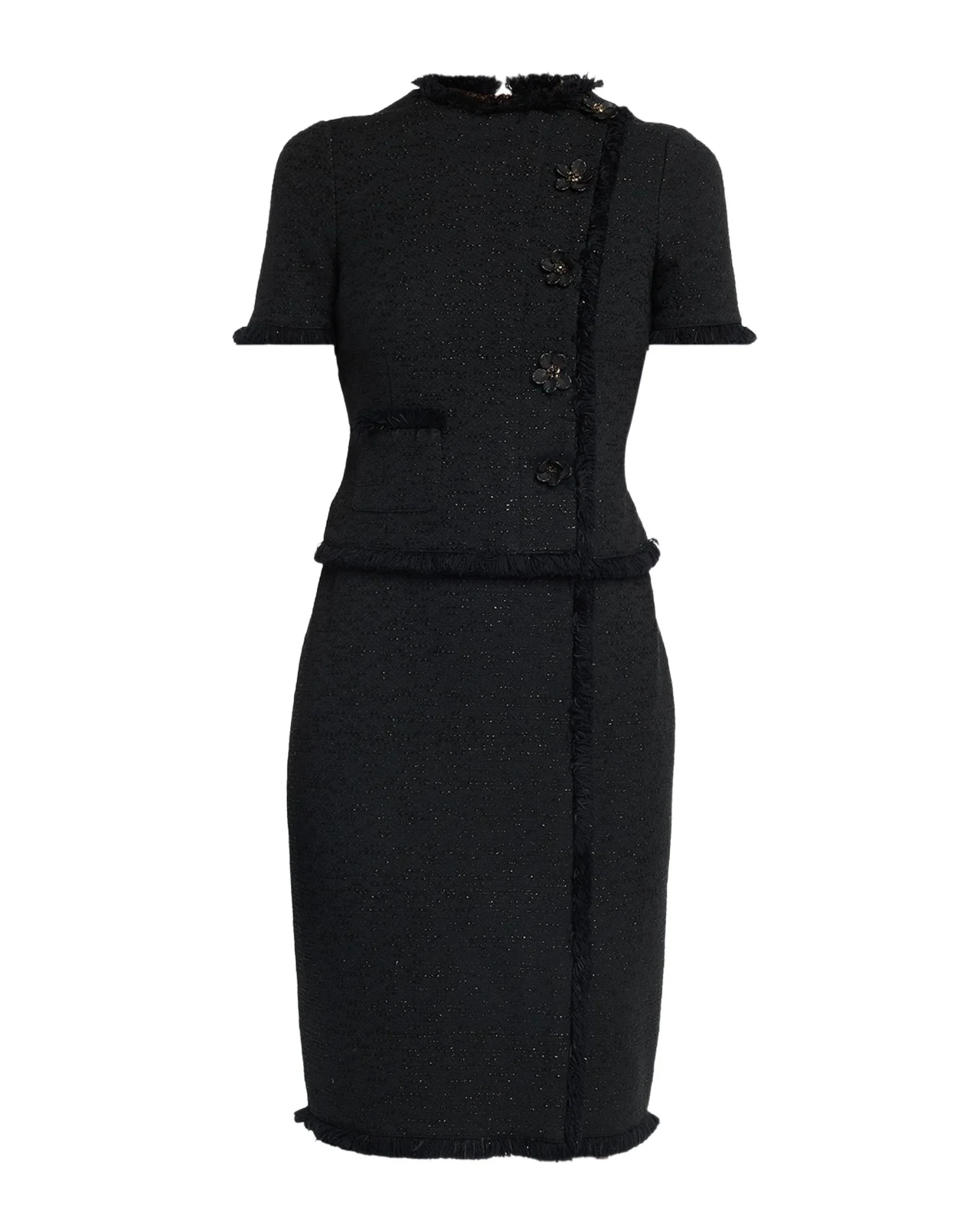 Fringed Floral Applique Tweed Dress Fringed Floral Applique Tweed Dress