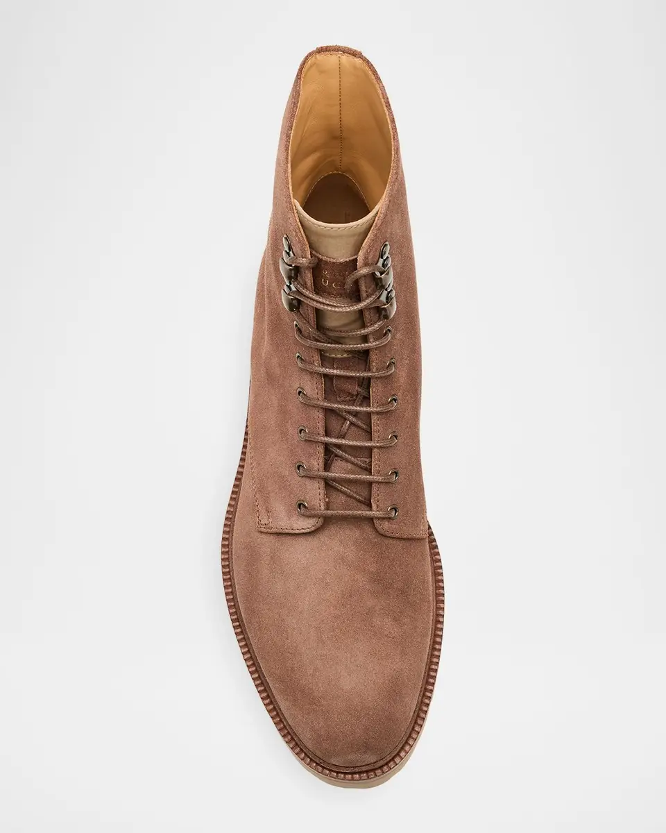 Brunello Cucinelli Men's Suede Lug-Sole Lace-Up Boots | Thumbnail 4