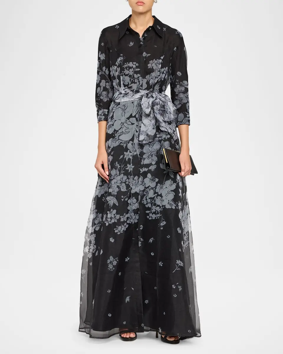 Rickie Freeman for Teri Jon Floral Organza Tie-Waist Shirt Gown | Thumbnail 2 Rickie Freeman for Teri Jon Floral Organza Tie-Waist Shirt Gown | Thumbnail 2