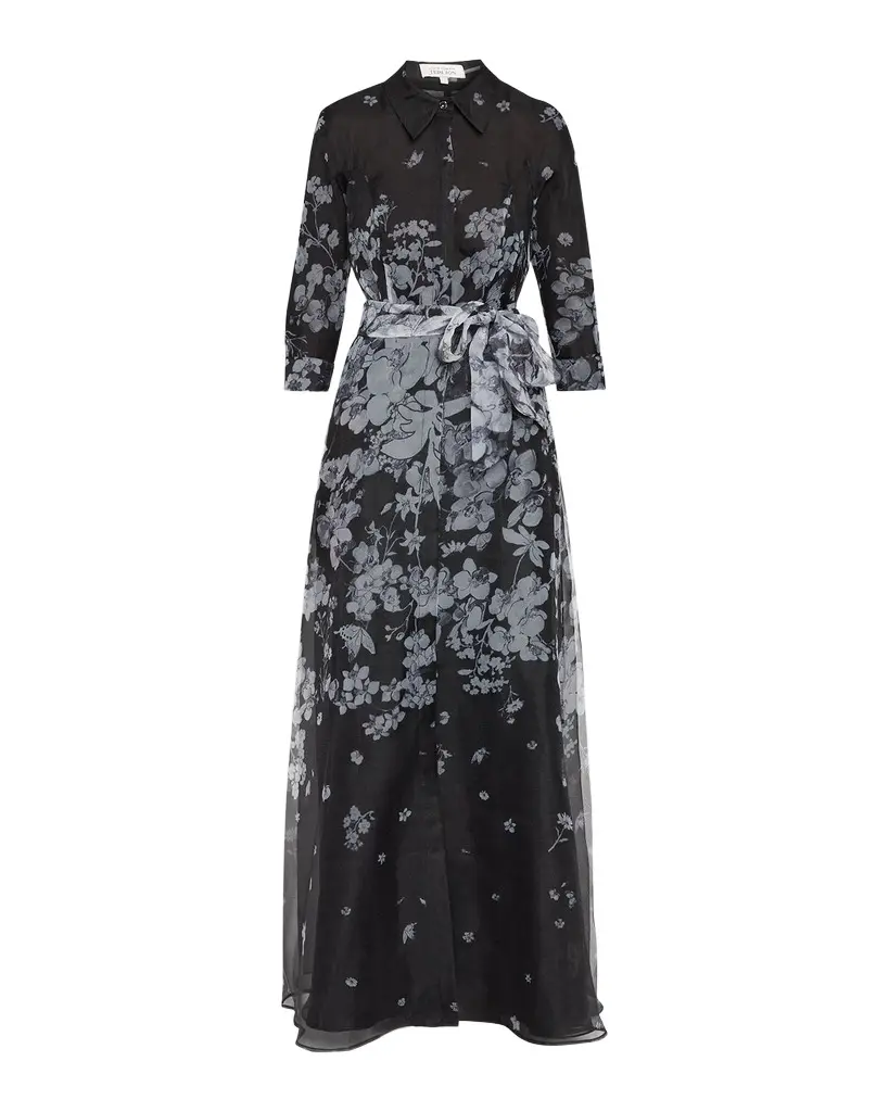 Rickie Freeman for Teri Jon Floral Organza Tie-Waist Shirt Gown | Image 1 Rickie Freeman for Teri Jon Floral Organza Tie-Waist Shirt Gown | Image 1