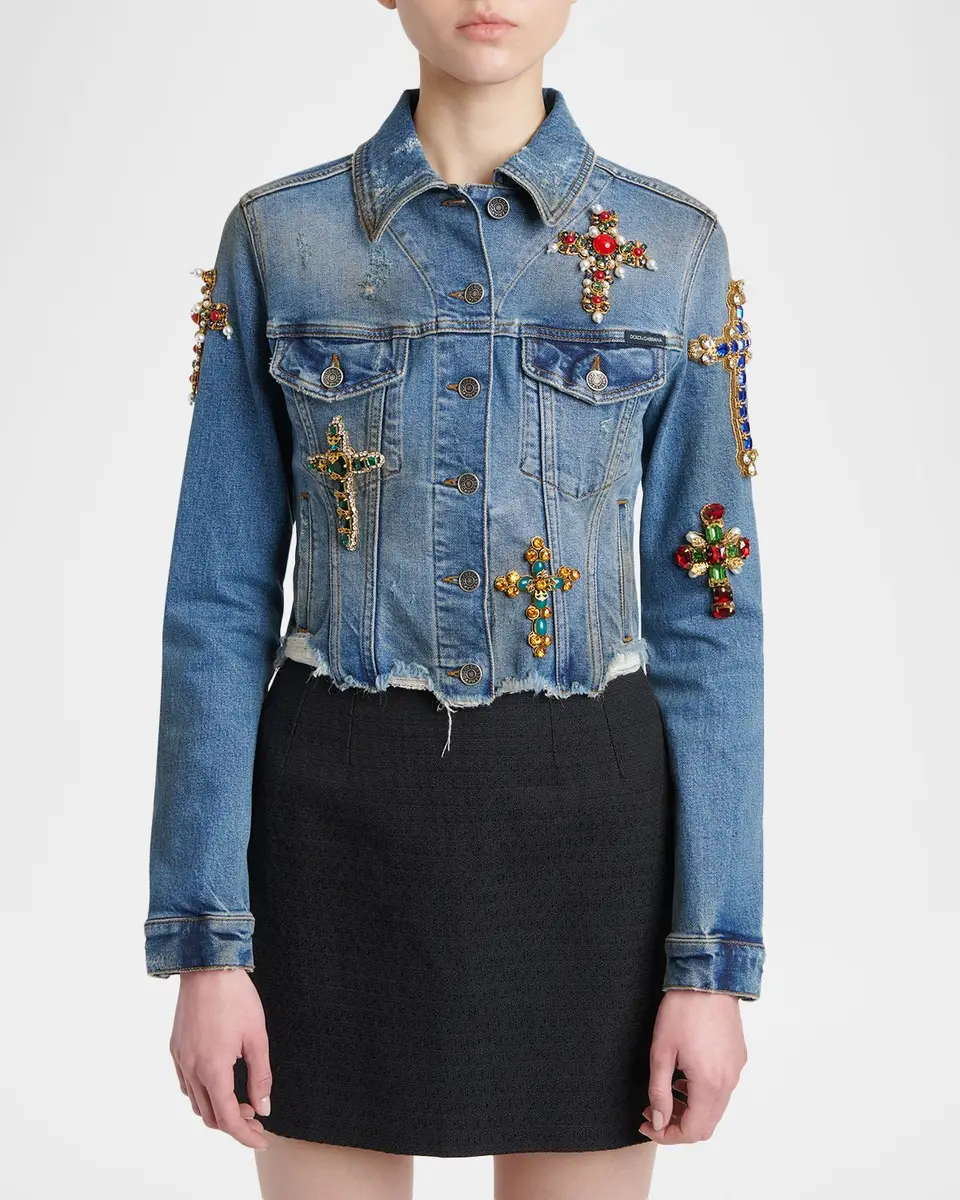 Dolce & Gabbana Cross Embellished Distressed Denim Jacket | Thumbnail 4 Dolce & Gabbana Cross Embellished Distressed Denim Jacket | Thumbnail 4