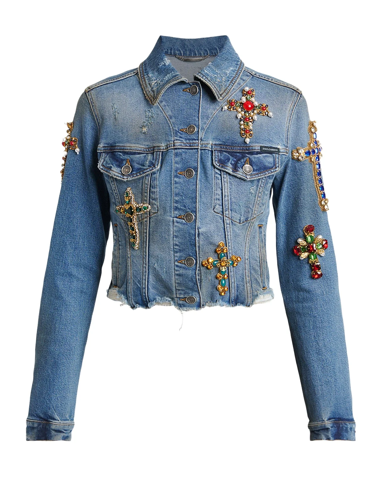 Cross Embellished Distressed Denim Jacket Cross Embellished Distressed Denim Jacket
