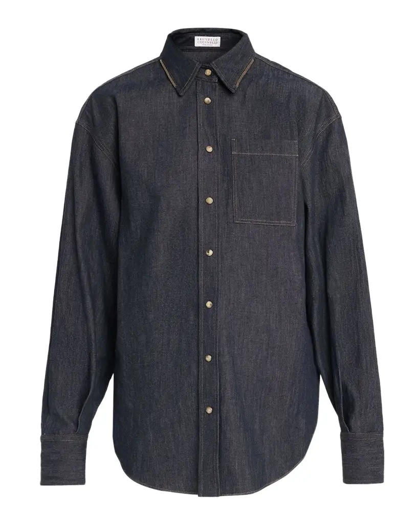 Brunello Cucinelli Monili-Trim Denim Oversized Shirt | Image 1 Brunello Cucinelli Monili-Trim Denim Oversized Shirt | Image 1