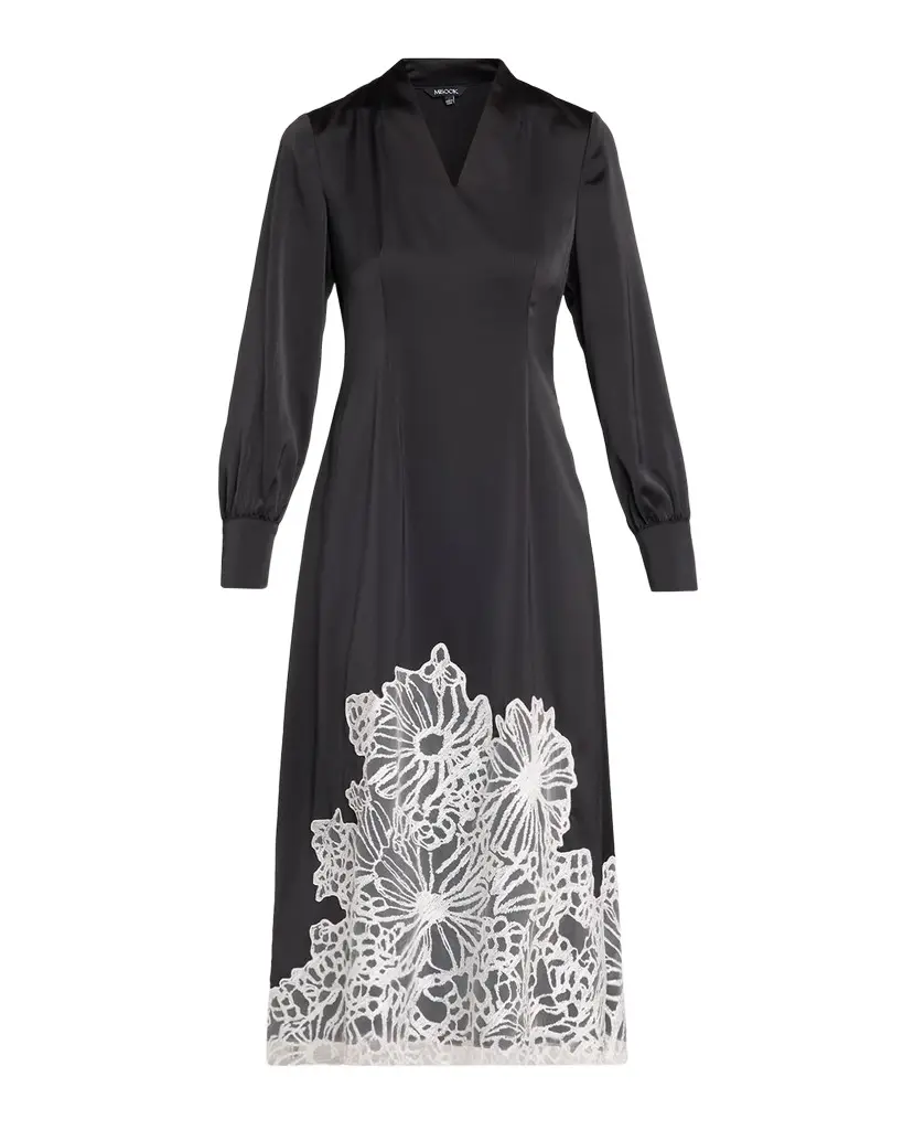 Misook Fit & Flare Lace Crepe de Chine Midi Dress | Image 1 Misook Fit & Flare Lace Crepe de Chine Midi Dress | Image 1