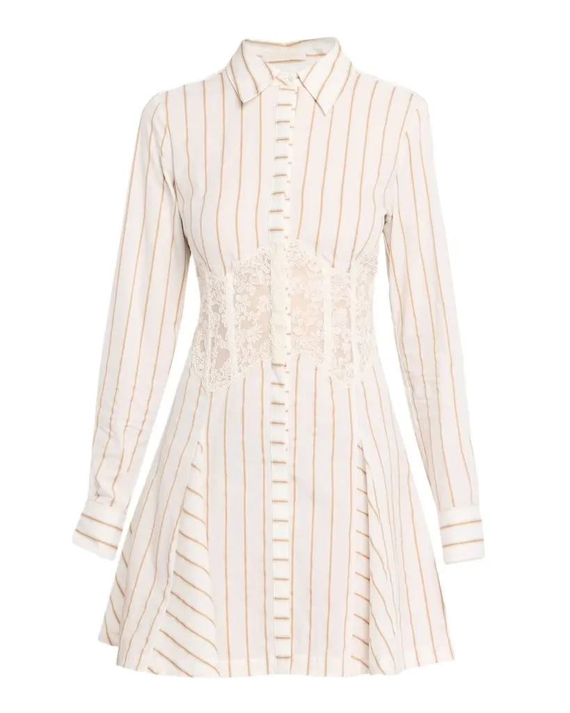 Wren Striped Lace-Inset Godet Mini Shirtdress Wren Striped Lace-Inset Godet Mini Shirtdress
